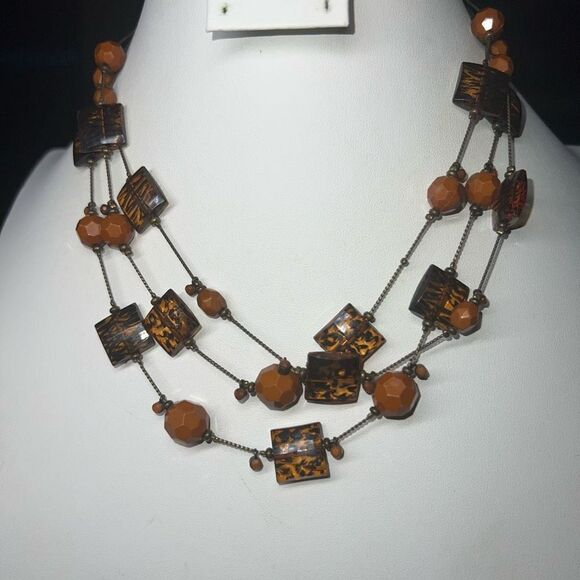 Triple Strand Layered Boho Square Leopard and Faceted Bead Necklace - Picture 1 of 8